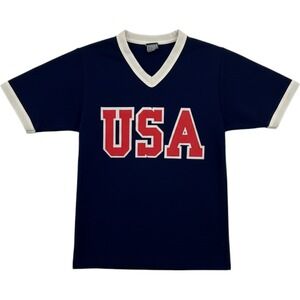 Vintage 80's Victory Knits USA V-Neck Jersey Mens M Nylon Navy Blue Ringer Retro